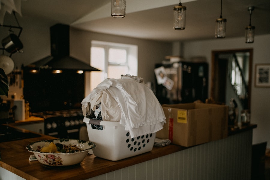 A laundry basket on a wooden counter