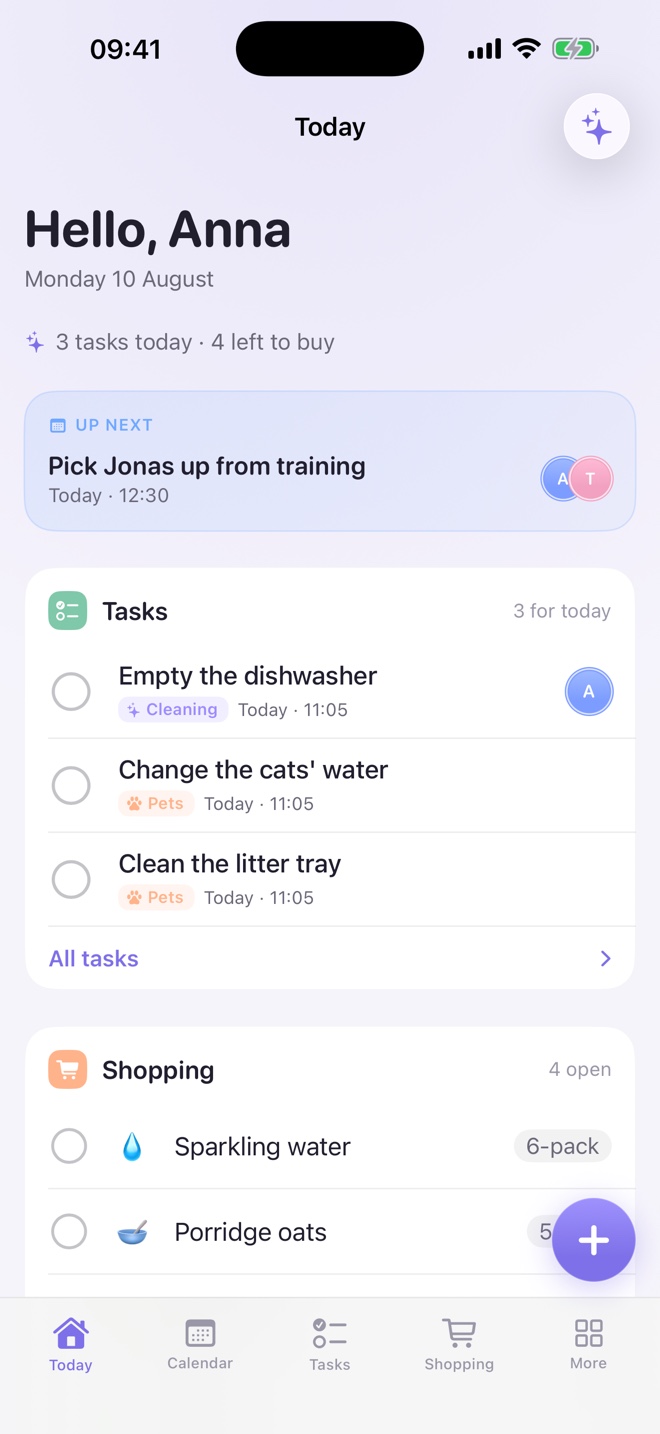 Lumi on iPhone — the Today screen with what's next, open tasks and the shopping list